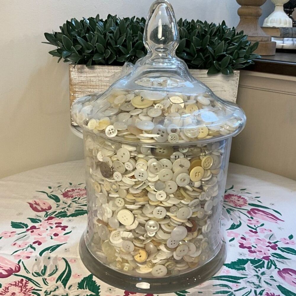 Absolute best! Antique Glass apothecary jar with antique buttons candy jar